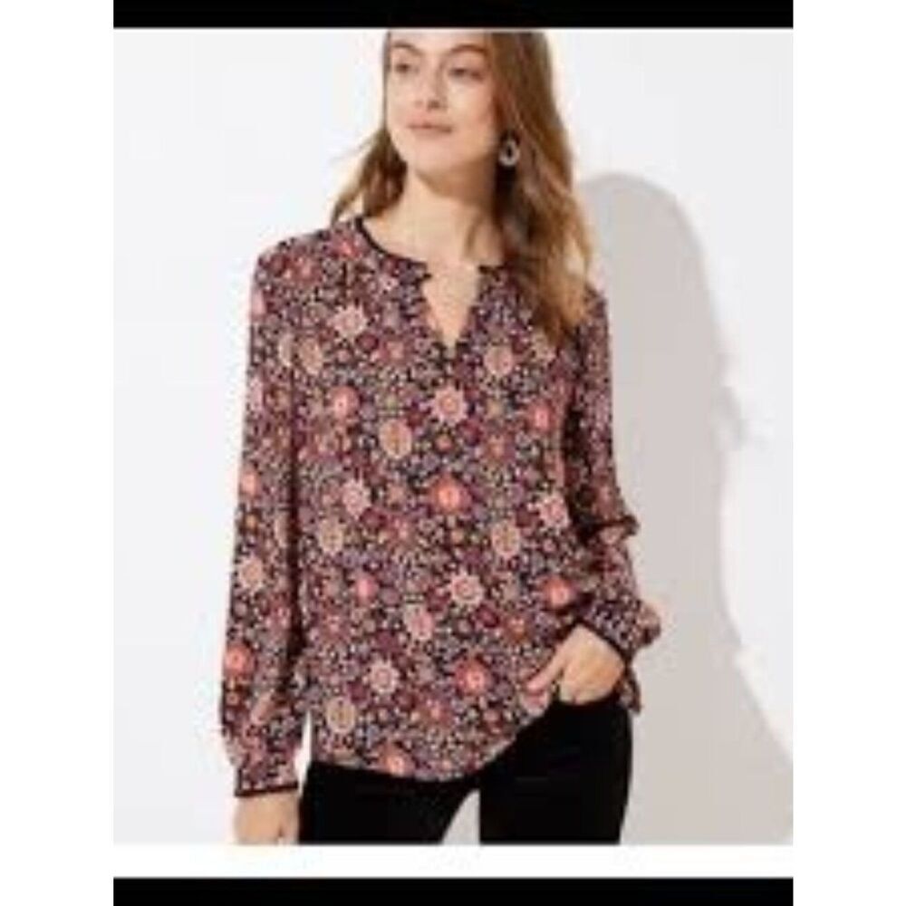 LOFT Women's Petite Floral Medallion Print Long Sleeve Blouse Size XSP